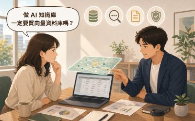 兩位中小企業人員看著筆電上的資料庫表格，上方浮著一層透明的地圖與座標點，提問「做 AI 知識庫一定要買向量資料庫嗎？」