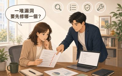 業主拿著滿是紅點標記的弱點掃描報告面露為難，同事伸手指著其中一行示意先從這個開始