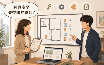 兩位同事在辦公室白板前對照建築平面圖的門窗檢查清單，一人持夾板勾選、一人指著尚未打勾的項目