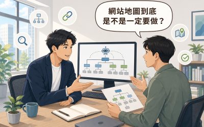 插畫：顧問指著螢幕上的網站頁面樹狀結構與爬蟲圖示，業主拿著印出的架構圖發問，讀者提問氣泡寫著網站地圖到底是不是一定要做