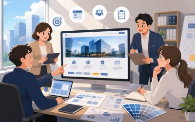 企業團隊進行公司網站設計規劃，討論官網架構、品牌形象、服務頁面與網站功能配置。
