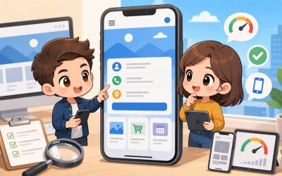 手機網站設計示意圖，呈現RWD響應式版面、手機操作介面、SEO速度檢查與網站驗收情境