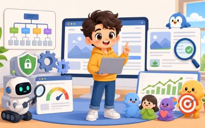 網站 SEO 優化封面圖，呈現網站架構、技術 SEO、內容優化與成效追蹤的整體概念