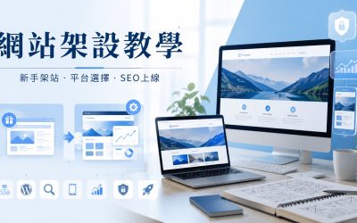 網站架設教學封面圖，呈現新手架站、平台選擇、SEO 上線與網站設計工作區