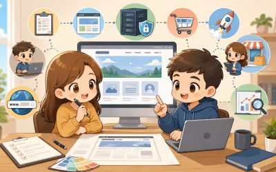 網站架設費用、流程與平台選擇指南，呈現網站規劃、主機、電商與 SEO 架構的卡通情境插畫