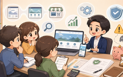 中小企業團隊與網頁設計顧問討論網站規劃、報價、SEO與合約條件的卡通插畫