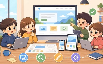 網頁設計團隊討論網站版型、RWD 響應式設計與 SEO 規劃的卡通封面圖